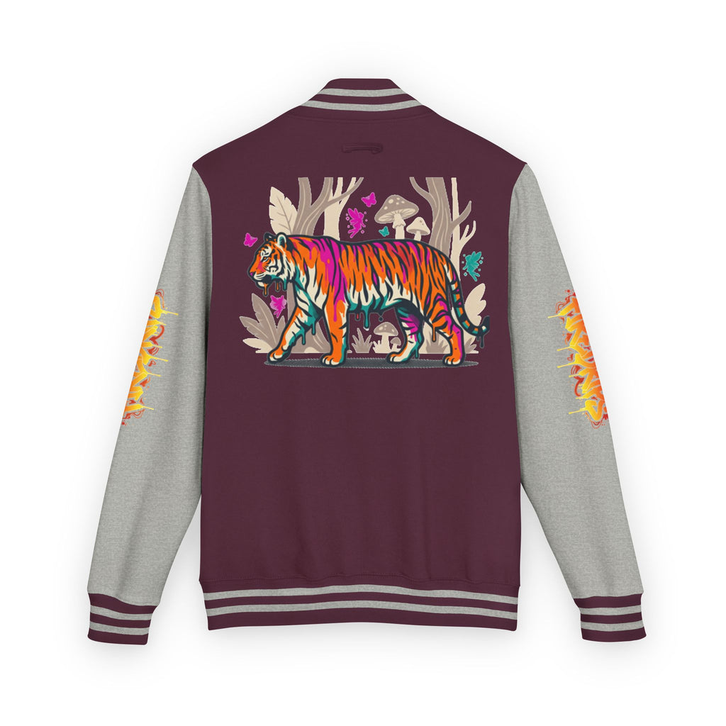 FireDrips Ember Tiger Letterman Jacket — Heavyweight Varsity Jacket, Tiger & Flame Art, 11 Colors, Sizes S–3XL