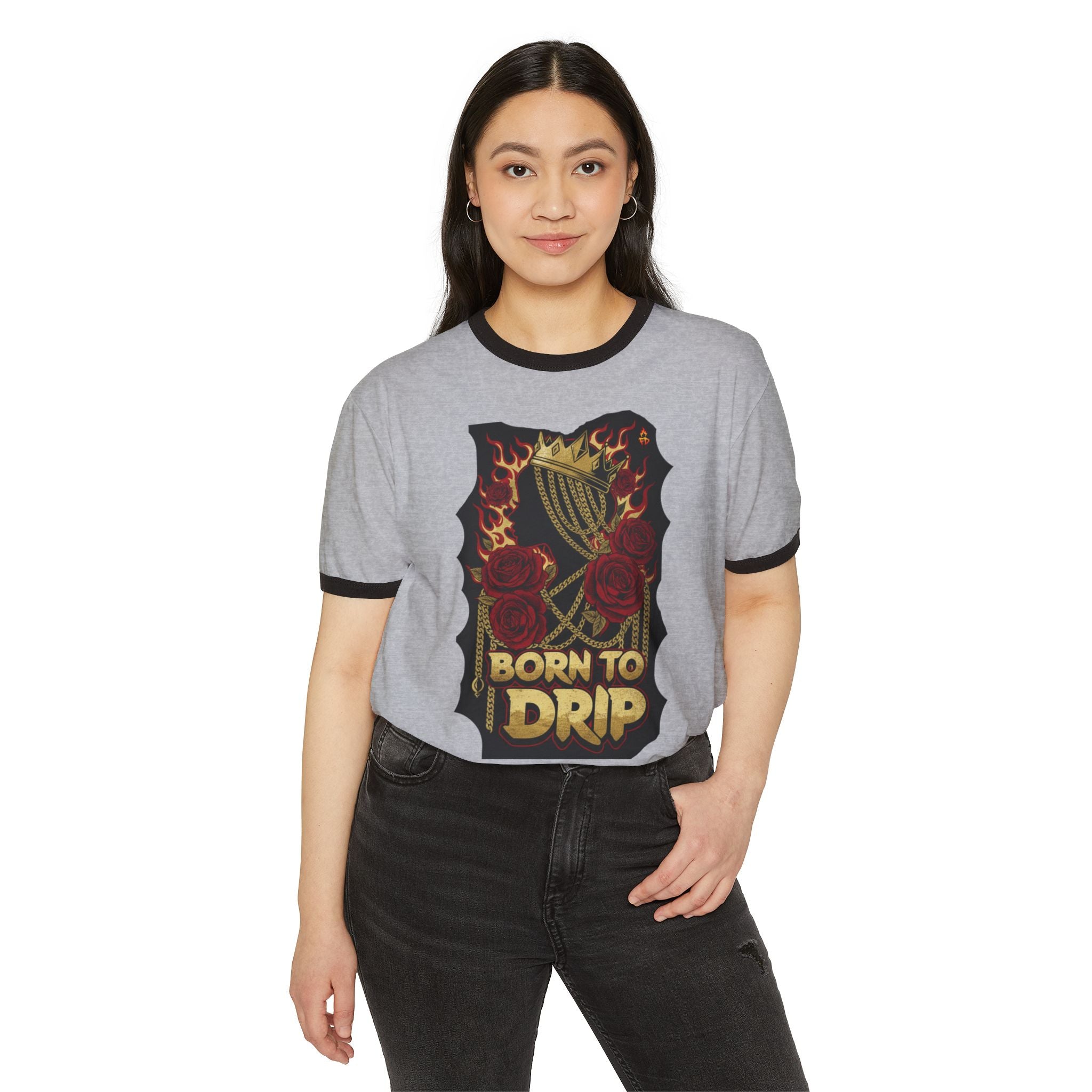 Born to Drip Ringer T-Shirt — Vintage Harp & Roses Graphic Tee