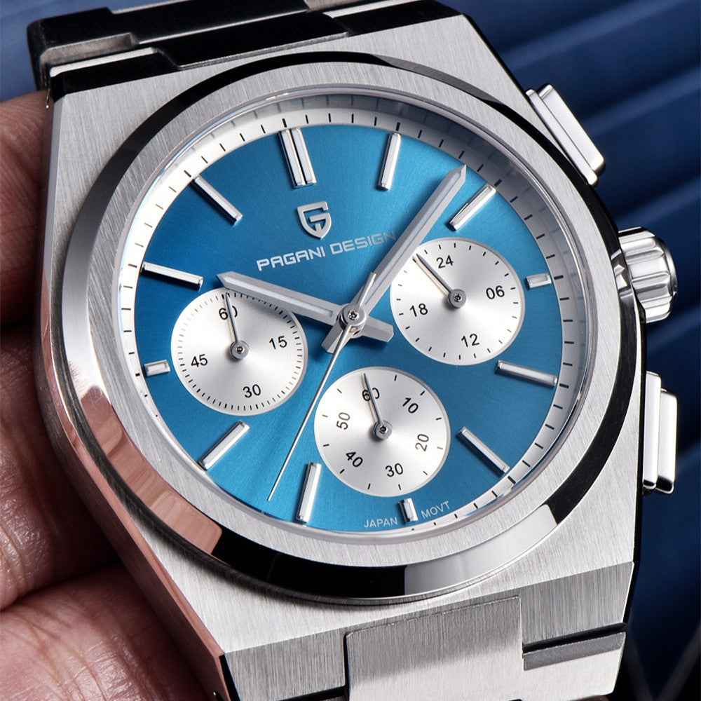Men's Blue Chronograph Watch — 100M Waterproof, Sapphire Crystal, Stainless Steel | Luxury Sport Timepiece