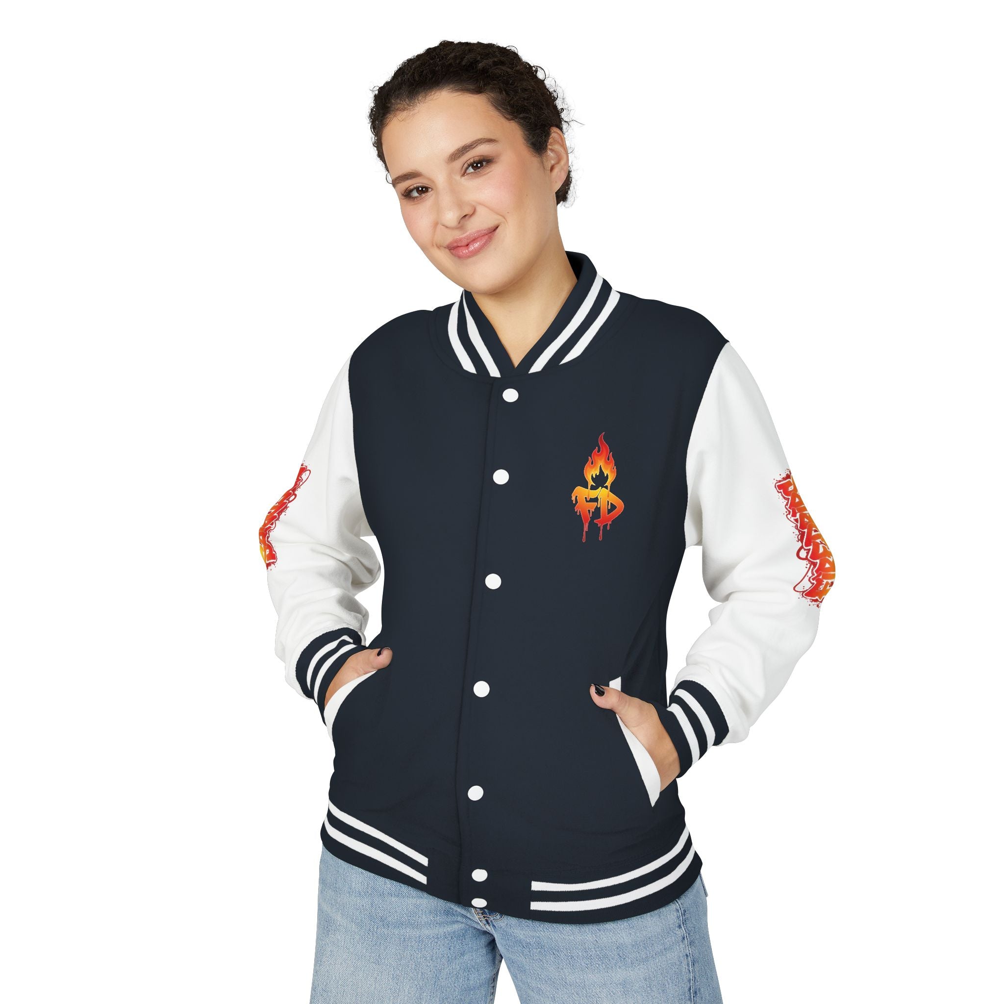 FireDrips Ember Tiger Letterman Jacket — Heavyweight Varsity Jacket, Tiger & Flame Art, 11 Colors, Sizes S–3XL