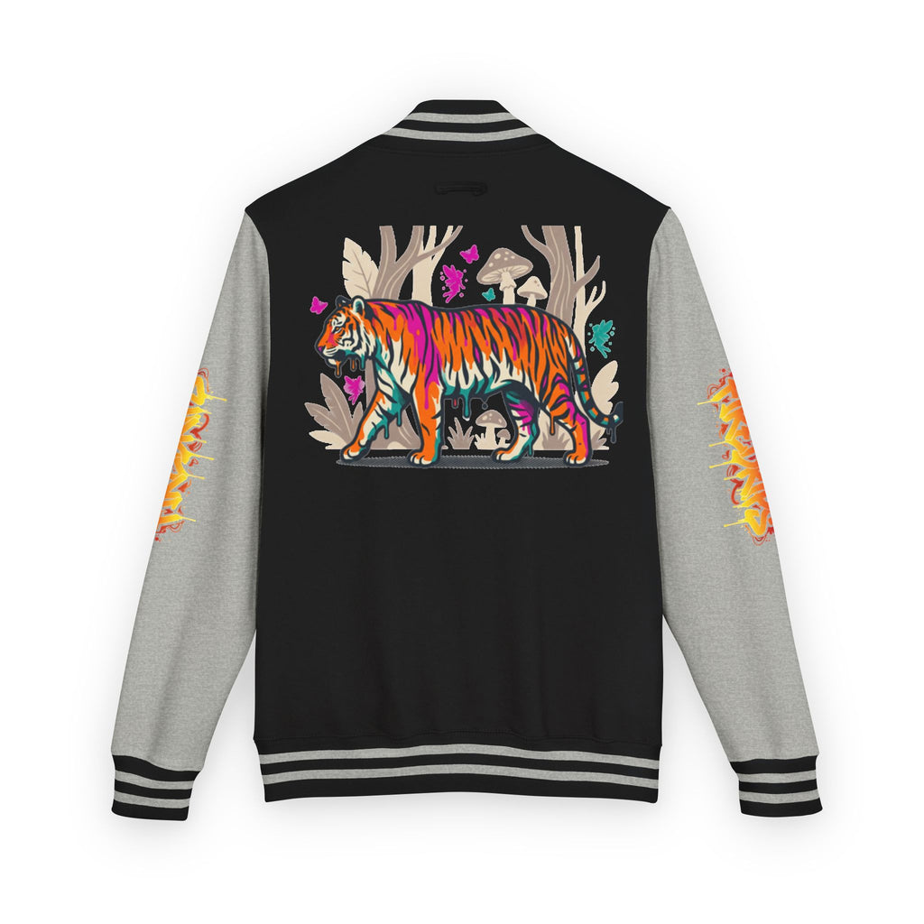 FireDrips Ember Tiger Letterman Jacket — Heavyweight Varsity Jacket, Tiger & Flame Art, 11 Colors, Sizes S–3XL