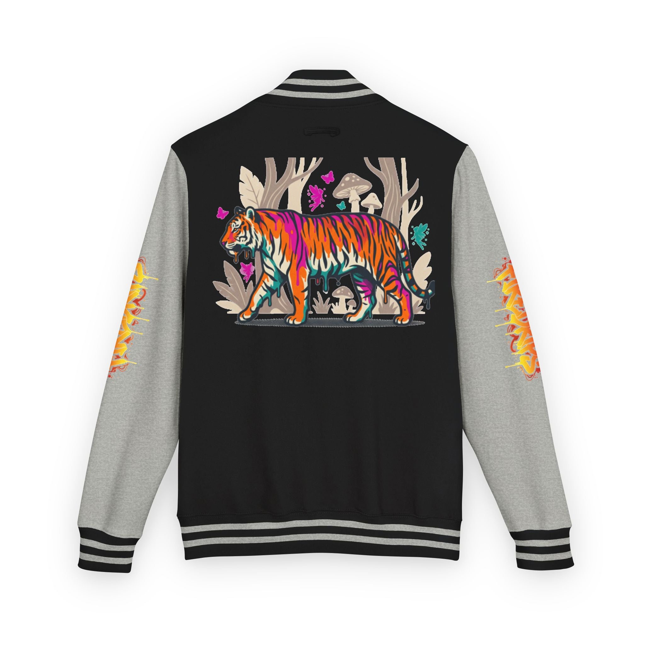 FireDrips Ember Tiger Letterman Jacket — Heavyweight Varsity Jacket, Tiger & Flame Art, 11 Colors, Sizes S–3XL