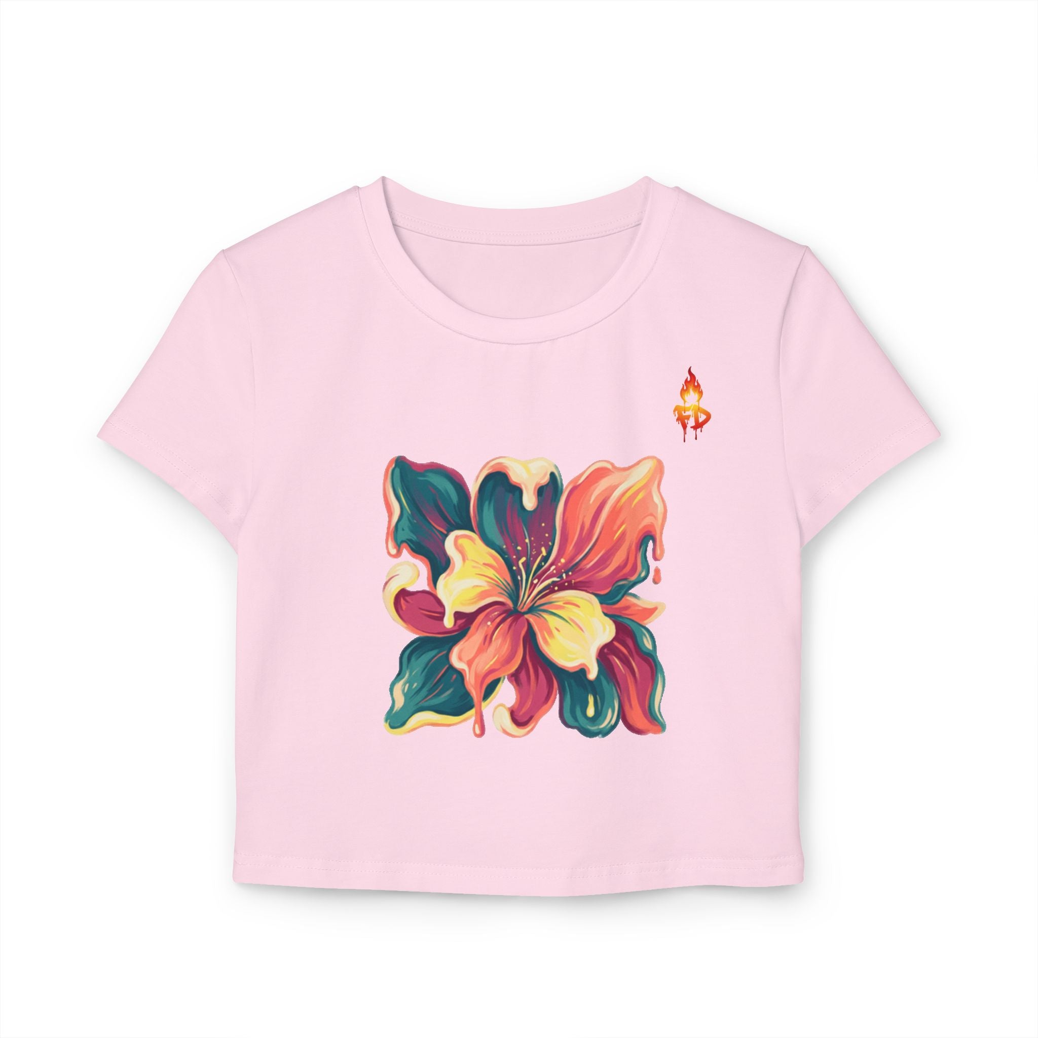 FireDrips Hibiscus Crop Tee — Watercolor Floral Baby Tee | Slim Cropped Organic Cotton Women's Streetwear