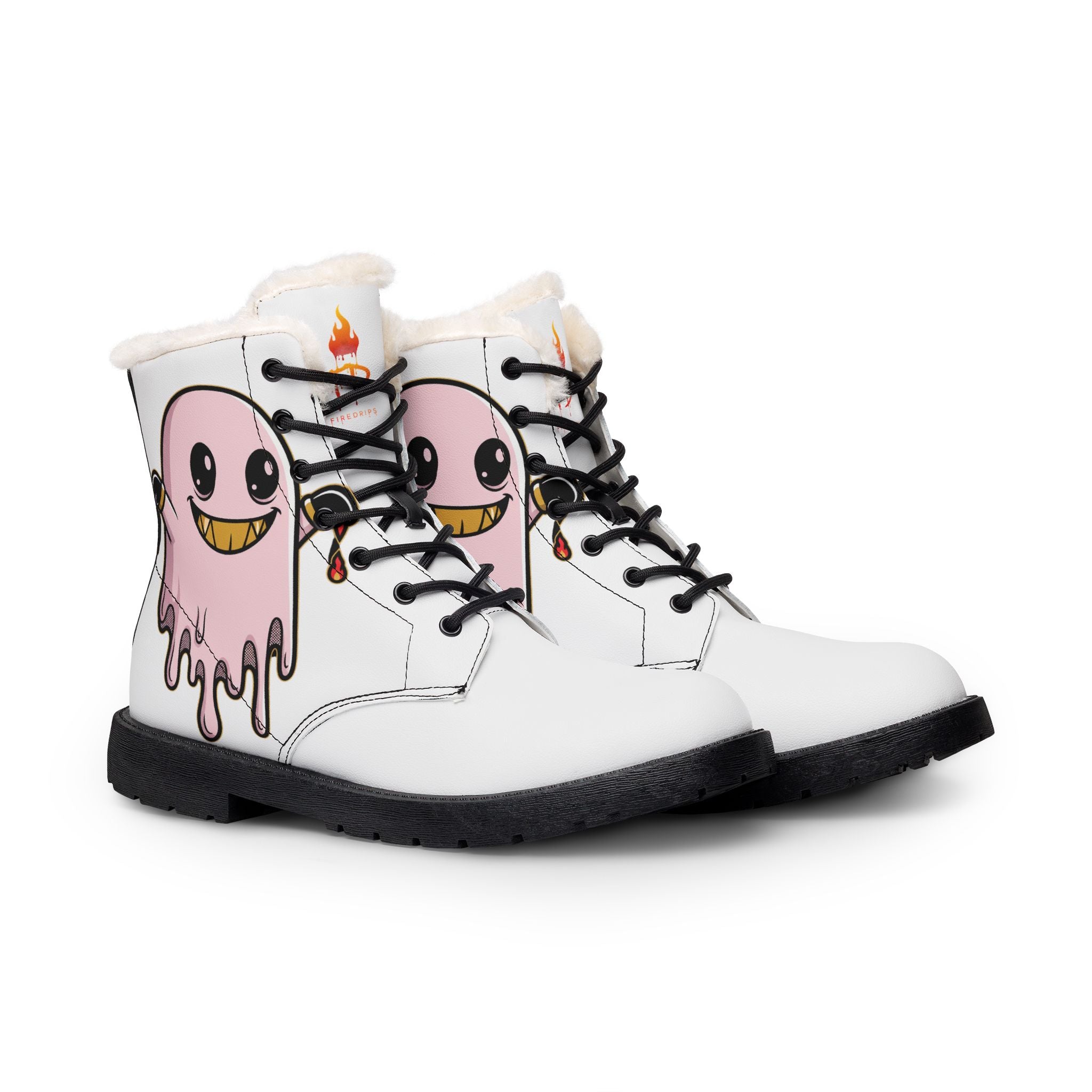 Women's Fur-Lined Leather Boots — Cute Pink Drip Monster Design