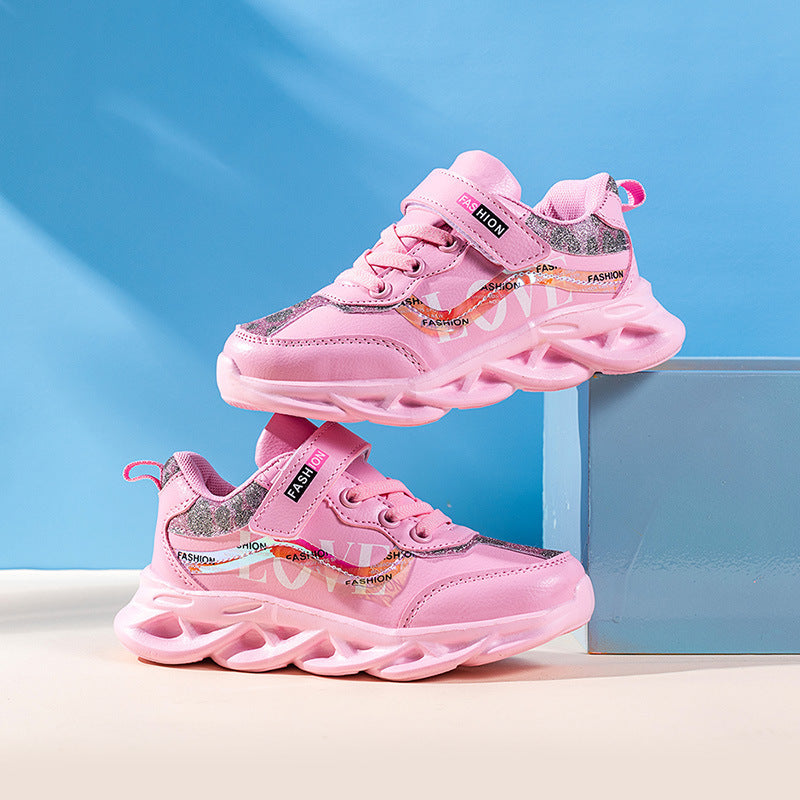 Girls' Korean Pastel Sport Sneakers — Lightweight Breathable Kids Street Shoes, Pink Orange White, Sizes 26–37