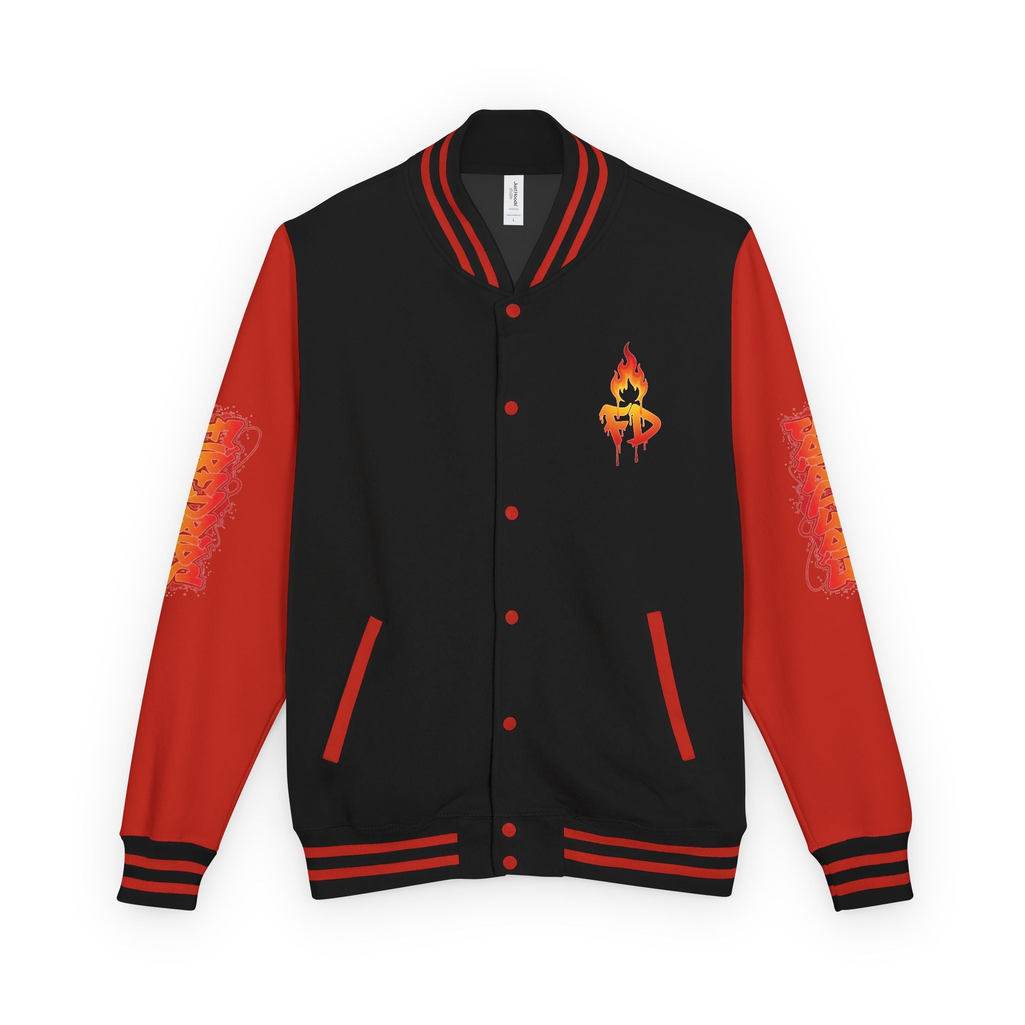 FireDrips Ember Tiger Letterman Jacket — Heavyweight Varsity Jacket, Tiger & Flame Art, 11 Colors, Sizes S–3XL