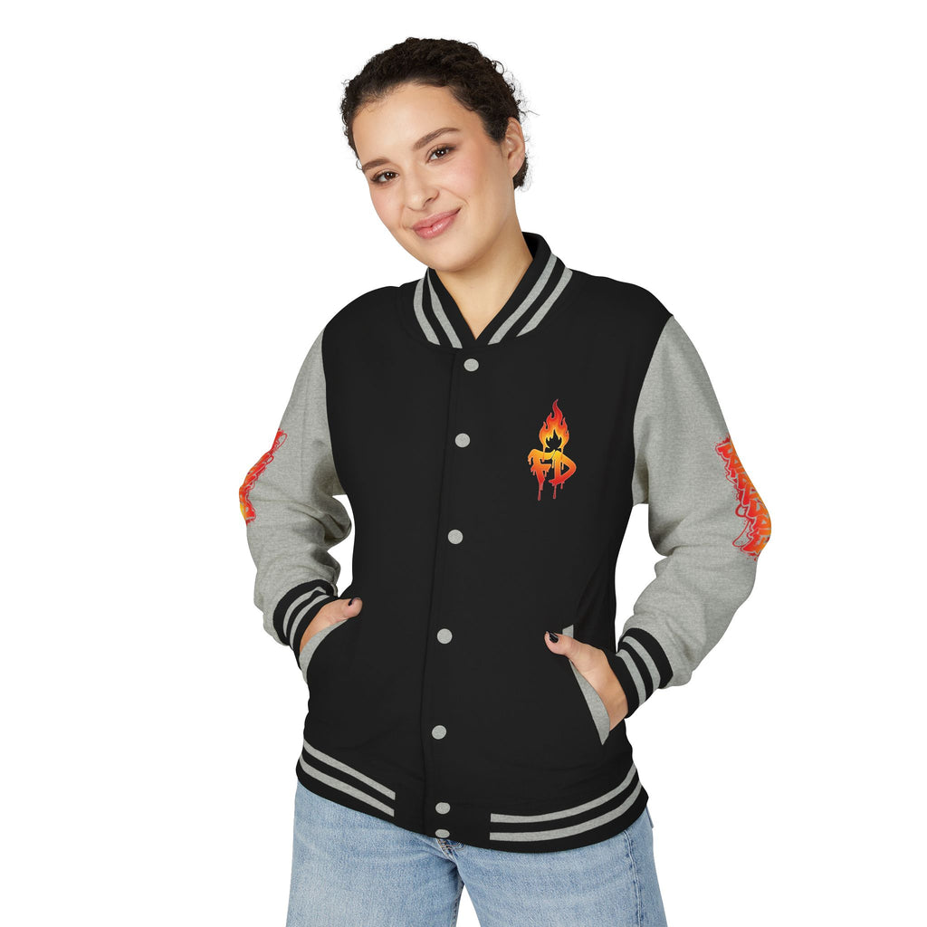 FireDrips Ember Tiger Letterman Jacket — Heavyweight Varsity Jacket, Tiger & Flame Art, 11 Colors, Sizes S–3XL