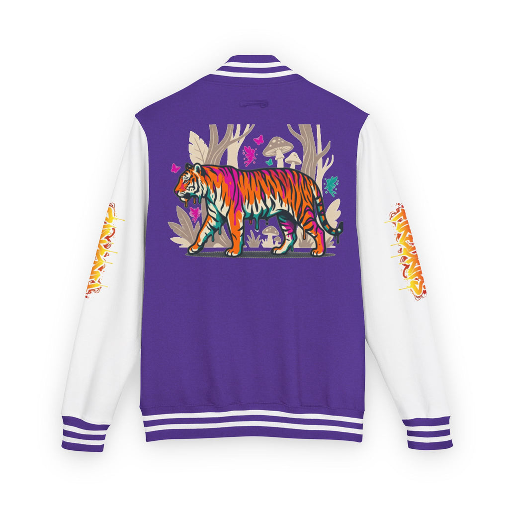 FireDrips Ember Tiger Letterman Jacket — Heavyweight Varsity Jacket, Tiger & Flame Art, 11 Colors, Sizes S–3XL