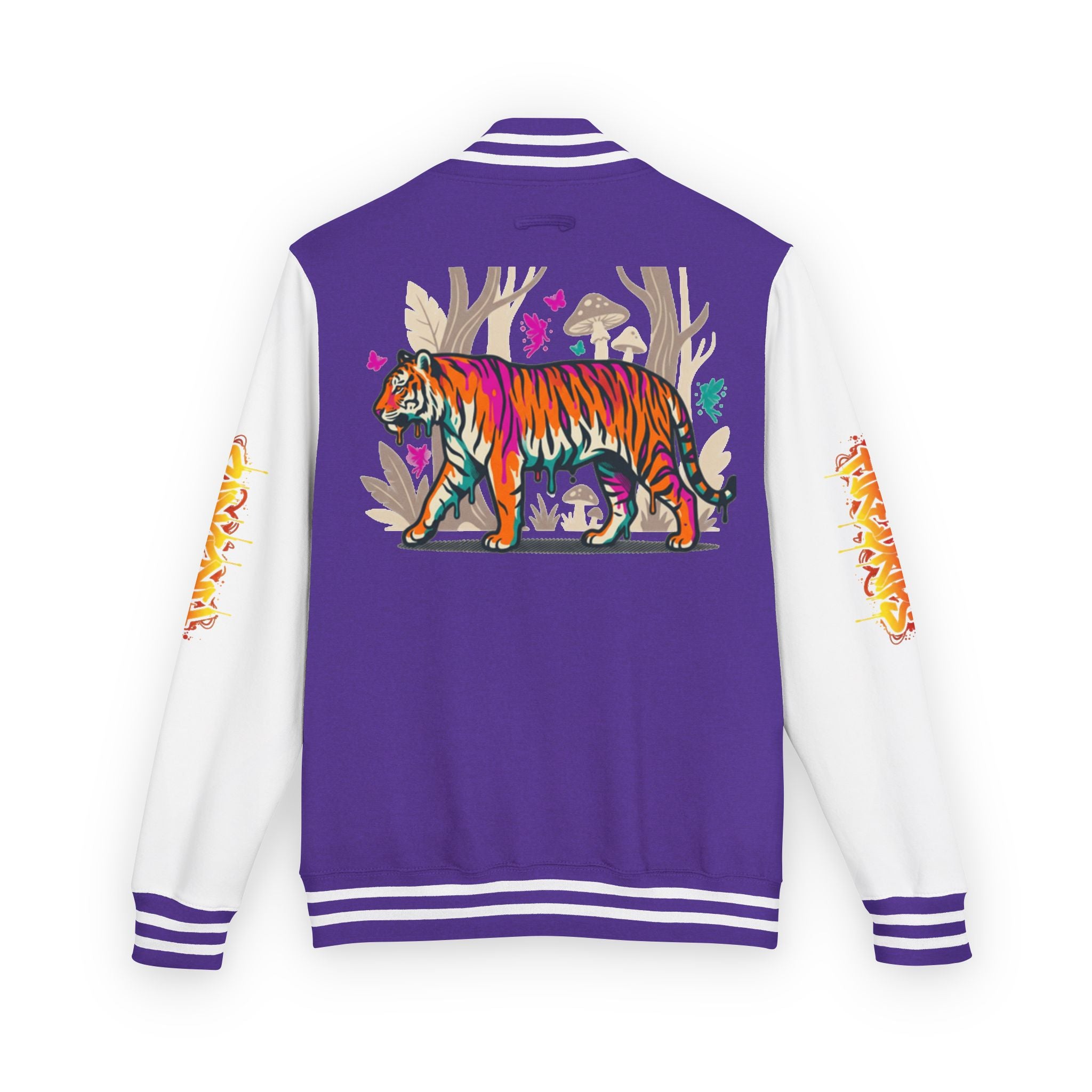 FireDrips Ember Tiger Letterman Jacket — Heavyweight Varsity Jacket, Tiger & Flame Art, 11 Colors, Sizes S–3XL