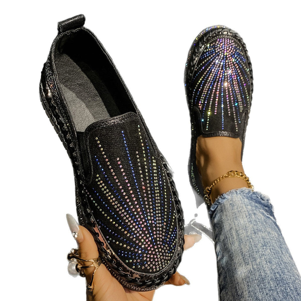 Women's Rhinestone Platform Loafers — Glam Slip-On PU Leather Shoes, 3 Colors, Sizes 35–44