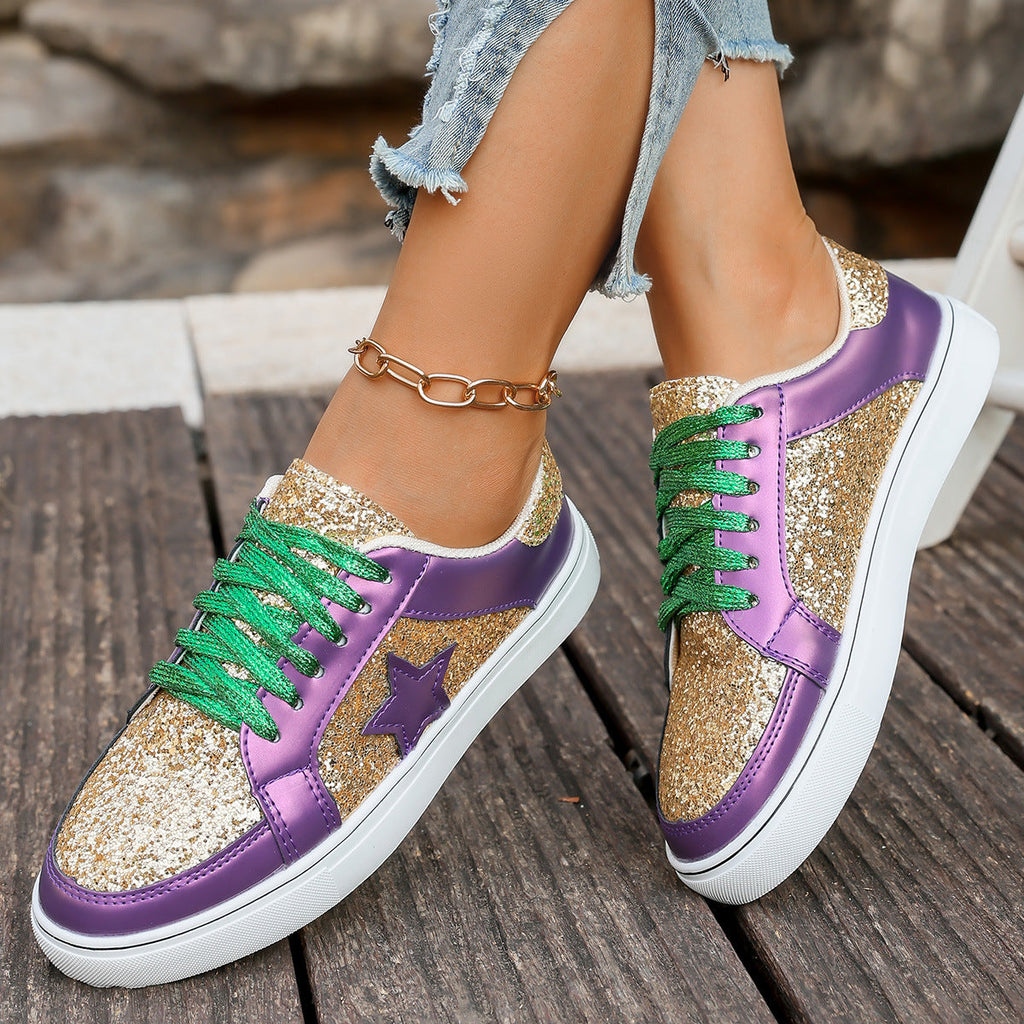 Women's Sequin Platform Sneakers — Chunky Lace-Up Shoes, Purple Gold Sequin Detail, Sizes 36–43