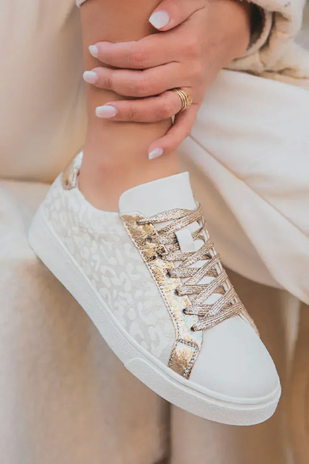 Leopard Print Sneakers - White PVC/PU Lace-Ups - Streetwear Kicks