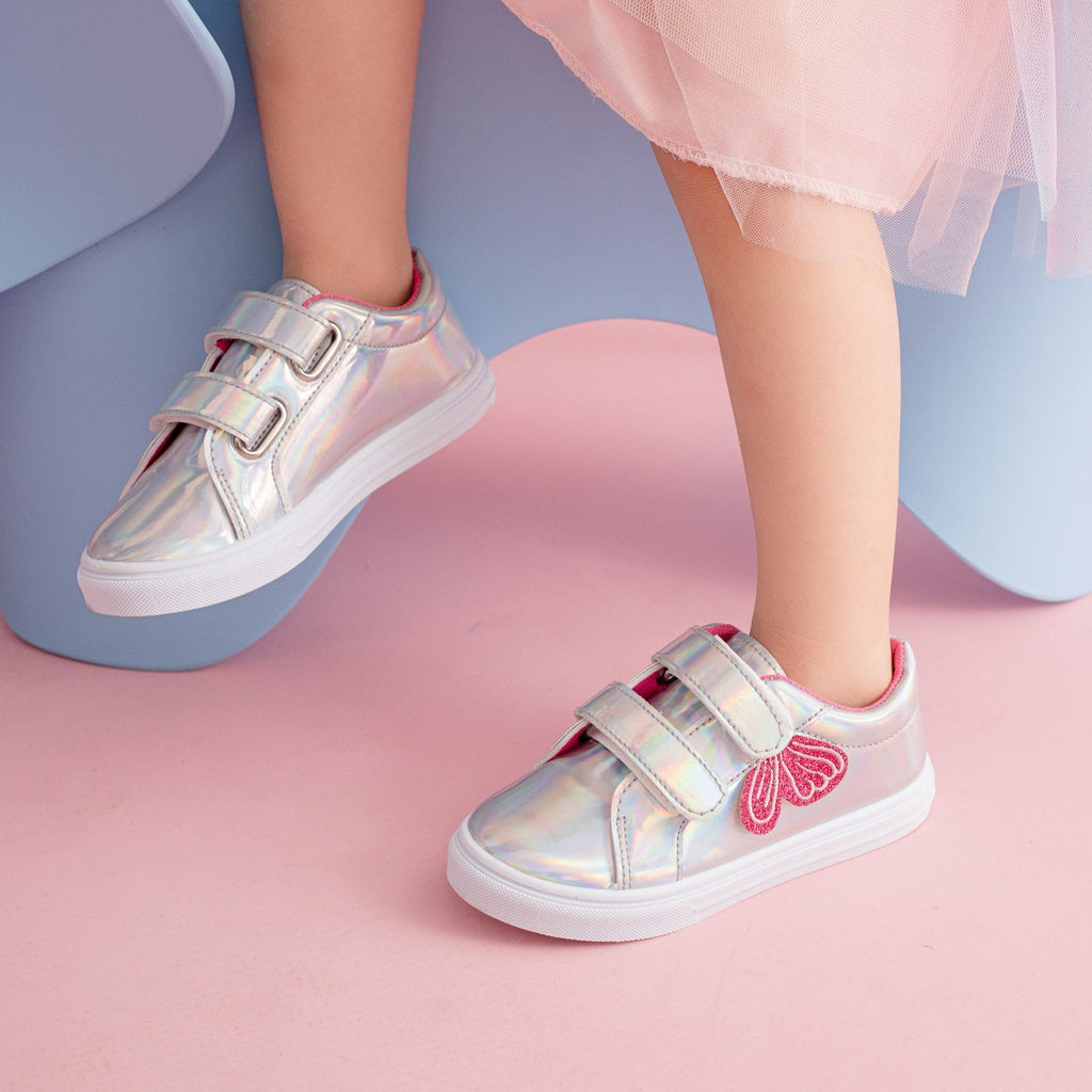 Girls' Sequin Mirror Panel Velcro Shoes — Sparkly Silver Kids' Casual Shoes, Easy Velcro Closure, Sizes 21–26