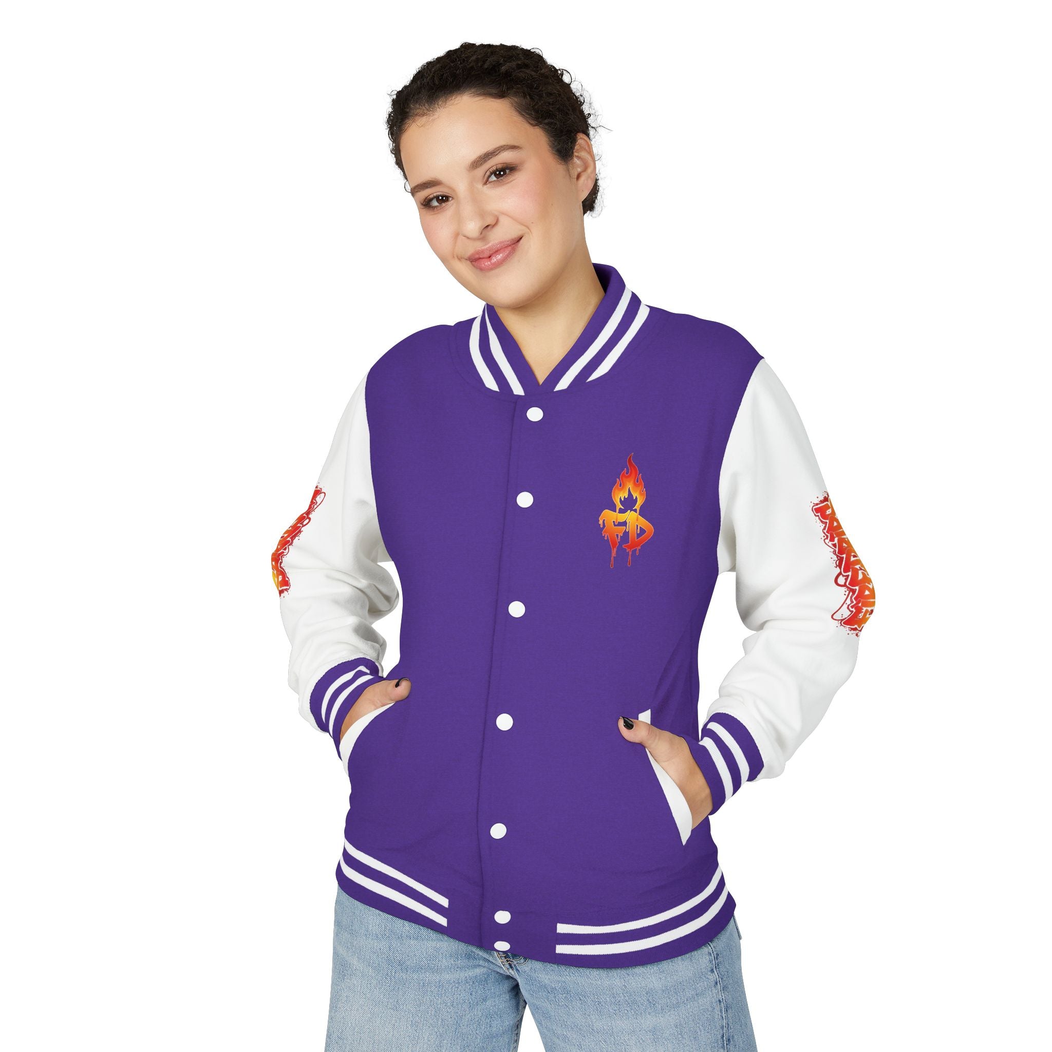 FireDrips Ember Tiger Letterman Jacket — Heavyweight Varsity Jacket, Tiger & Flame Art, 11 Colors, Sizes S–3XL