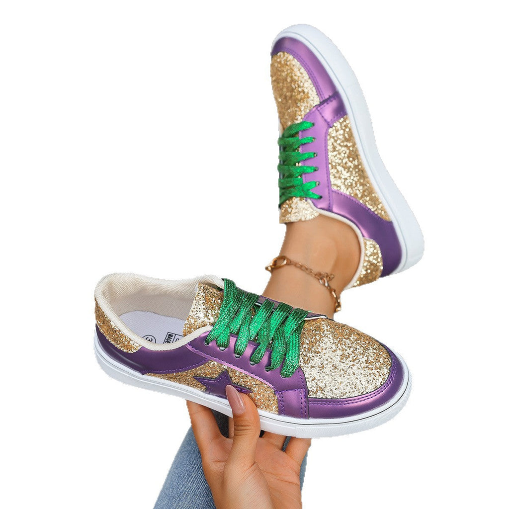 Women's Sequin Platform Sneakers — Chunky Lace-Up Shoes, Purple Gold Sequin Detail, Sizes 36–43