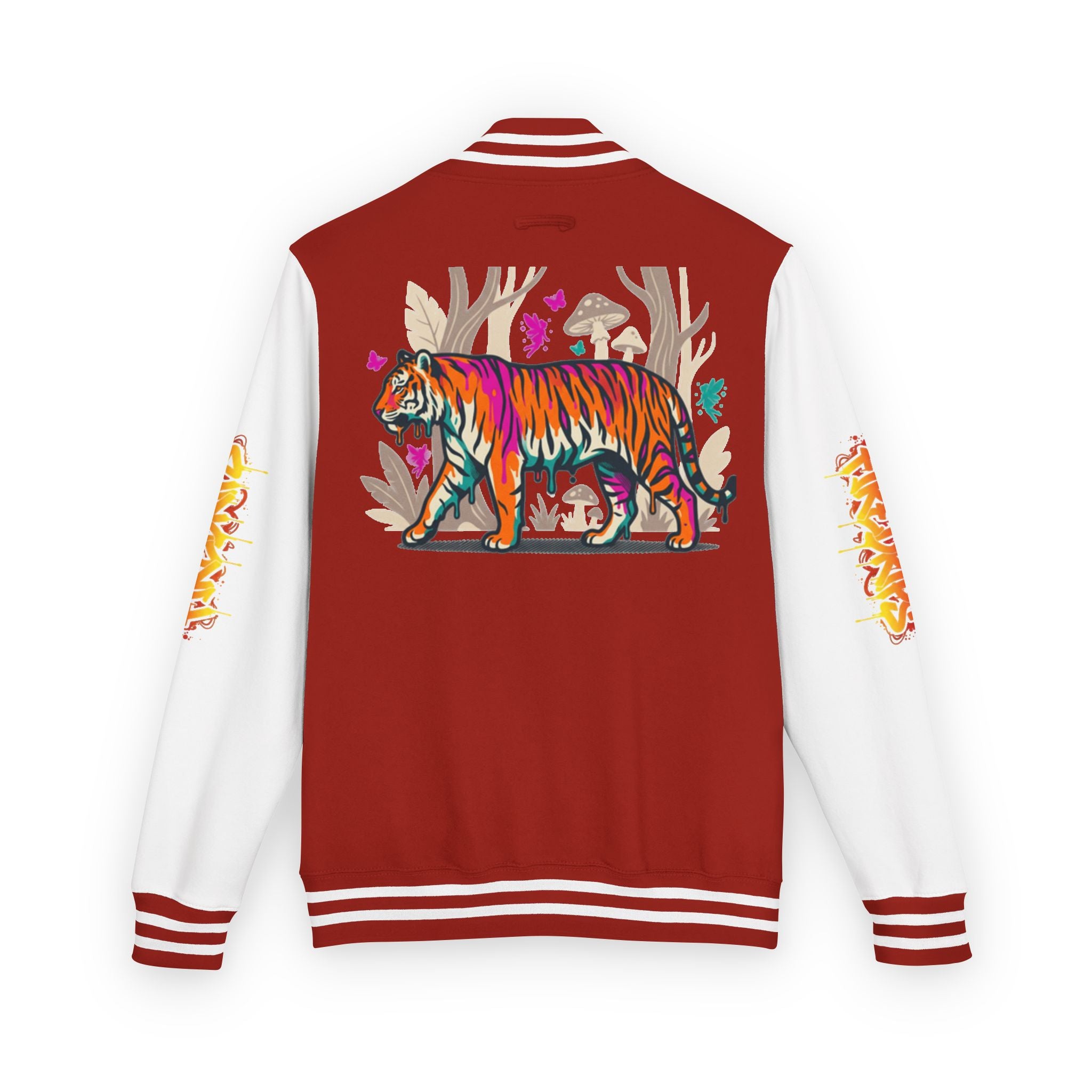 FireDrips Ember Tiger Letterman Jacket — Heavyweight Varsity Jacket, Tiger & Flame Art, 11 Colors, Sizes S–3XL