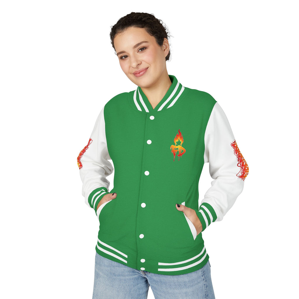 FireDrips Ember Tiger Letterman Jacket — Heavyweight Varsity Jacket, Tiger & Flame Art, 11 Colors, Sizes S–3XL
