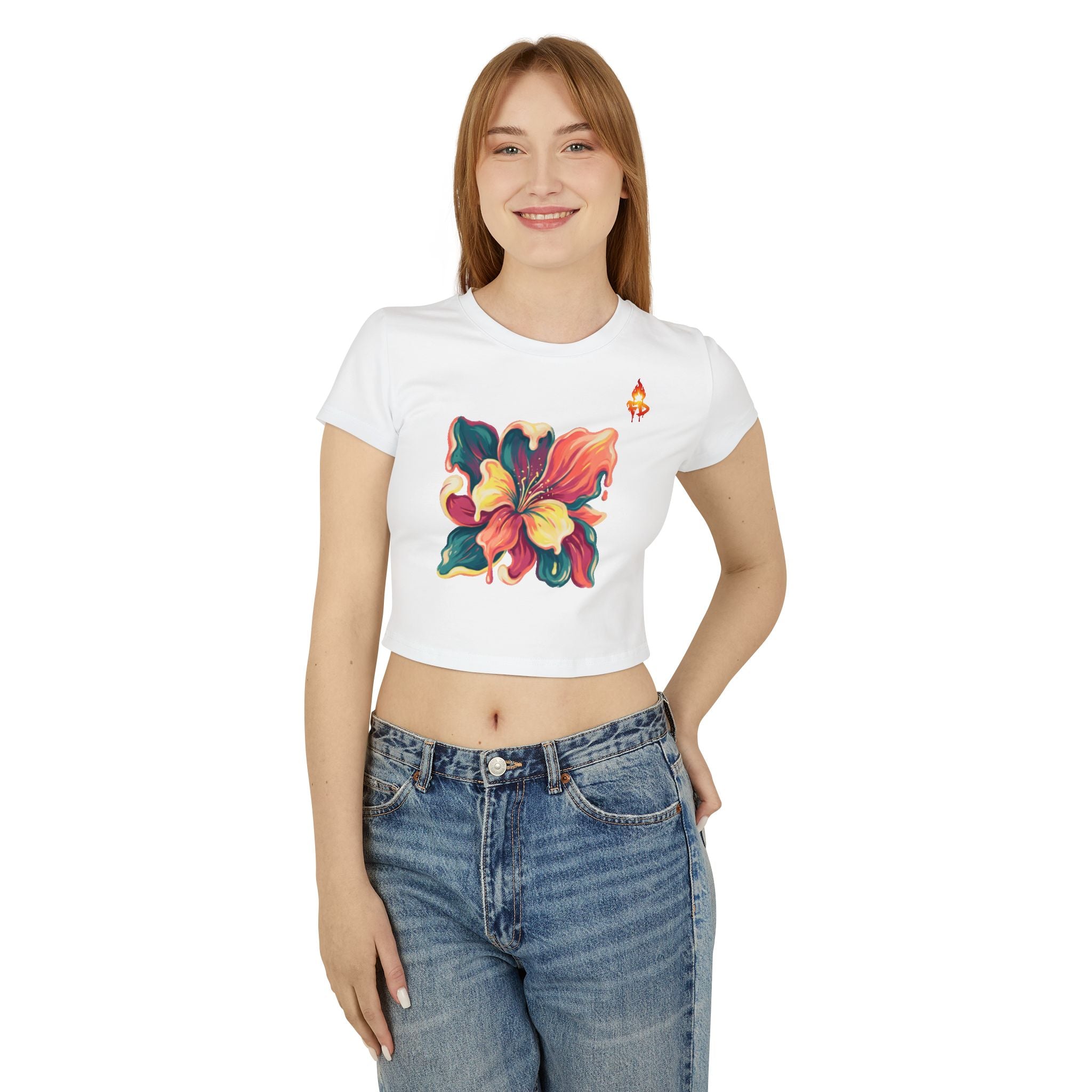 FireDrips Hibiscus Crop Tee — Watercolor Floral Baby Tee | Slim Cropped Organic Cotton Women's Streetwear