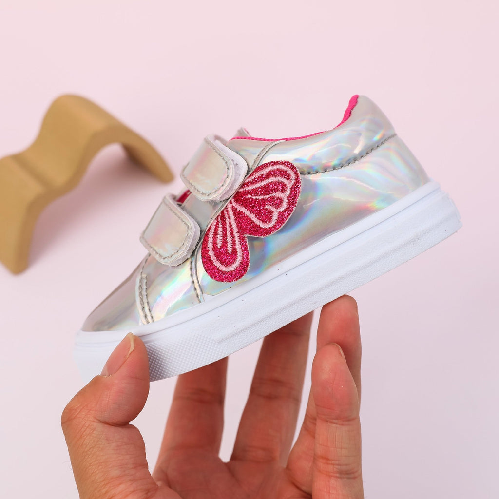 Girls' Sequin Mirror Panel Velcro Shoes — Sparkly Silver Kids' Casual Shoes, Easy Velcro Closure, Sizes 21–26