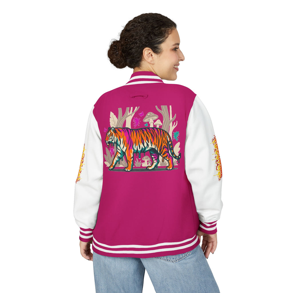 FireDrips Ember Tiger Letterman Jacket — Heavyweight Varsity Jacket, Tiger & Flame Art, 11 Colors, Sizes S–3XL