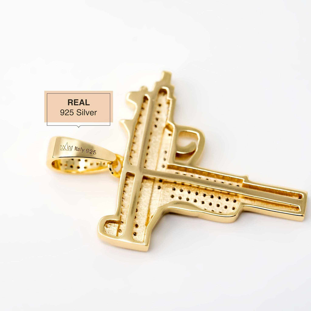 Iced Uzi Gun Pendant in 925 Sterling Silver