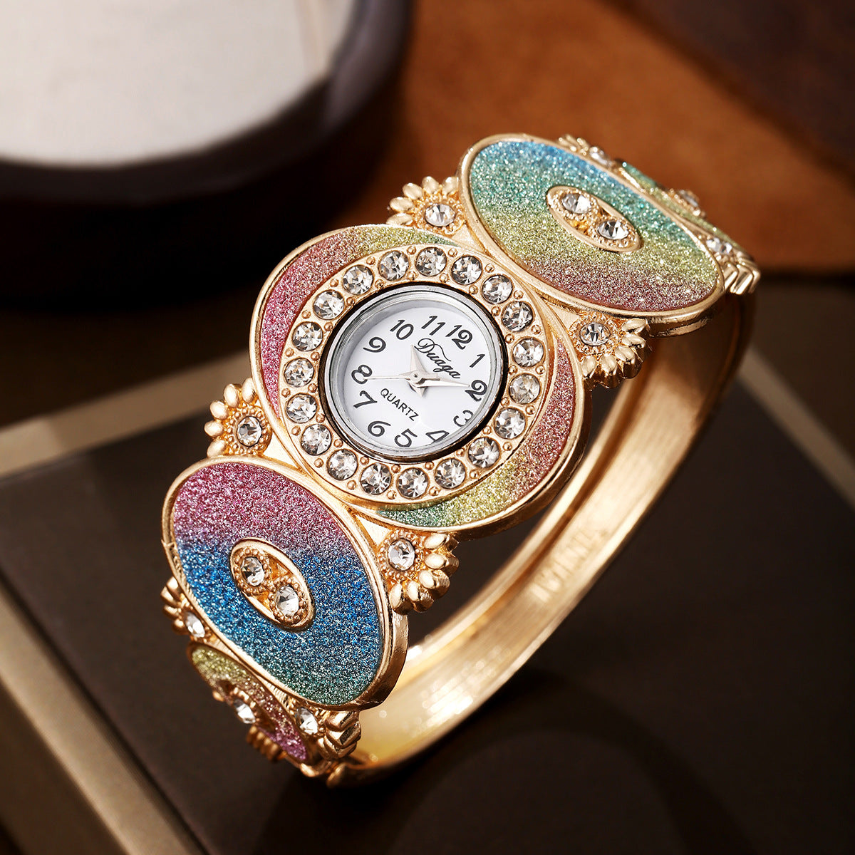Oval Diamond Flower & Leaf Bangle Quartz Watch