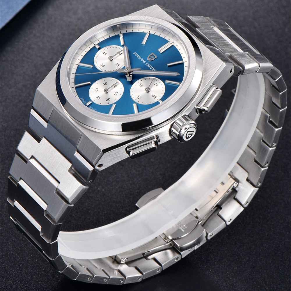 Men's Blue Chronograph Watch — 100M Waterproof, Sapphire Crystal, Stainless Steel | Luxury Sport Timepiece