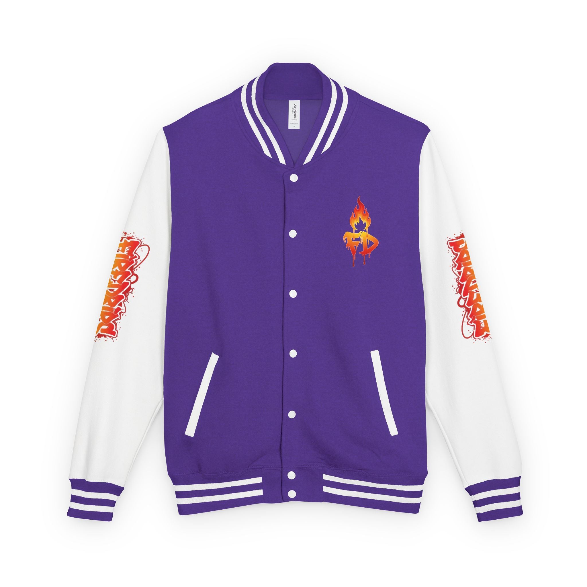FireDrips Ember Tiger Letterman Jacket — Heavyweight Varsity Jacket, Tiger & Flame Art, 11 Colors, Sizes S–3XL