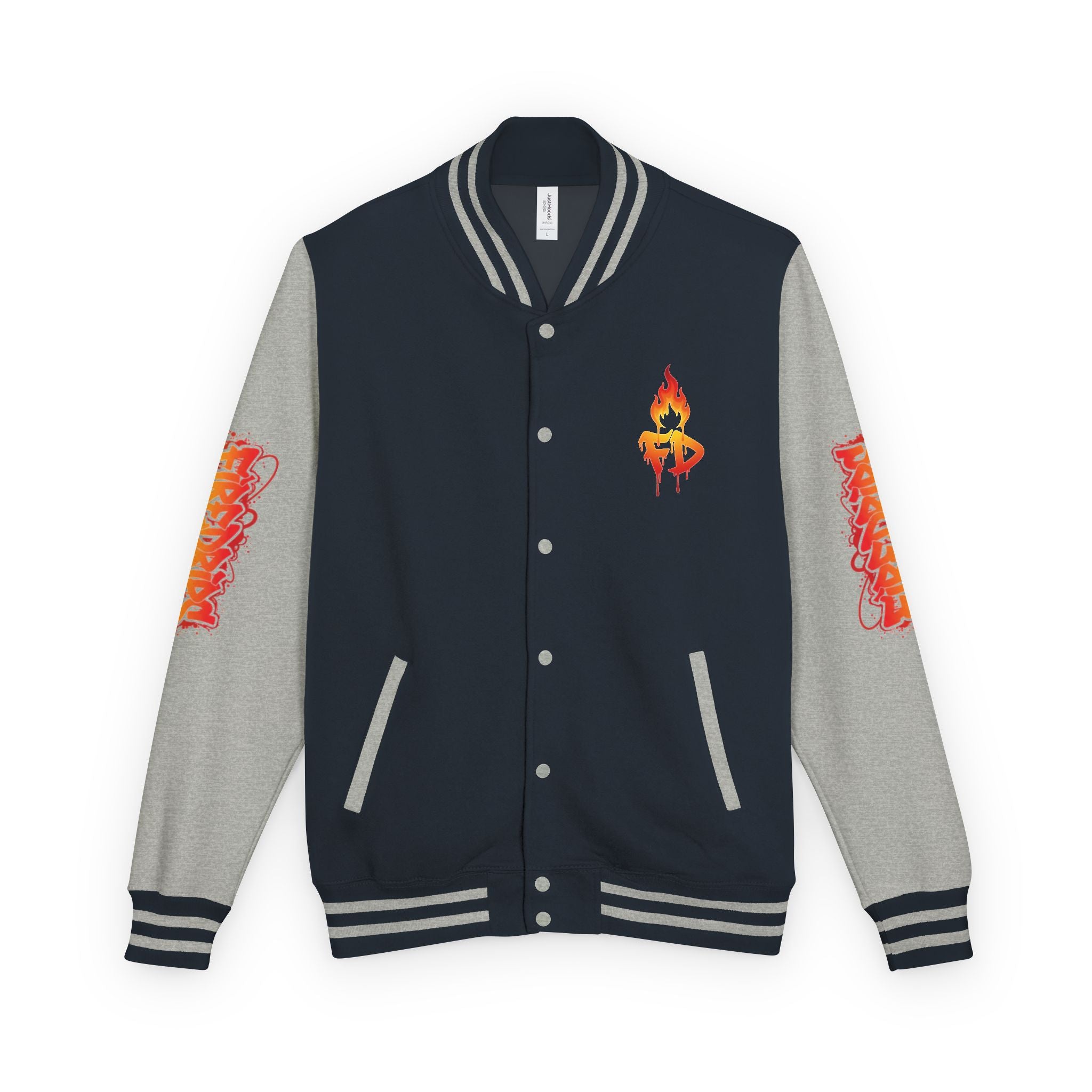 FireDrips Ember Tiger Letterman Jacket — Heavyweight Varsity Jacket, Tiger & Flame Art, 11 Colors, Sizes S–3XL