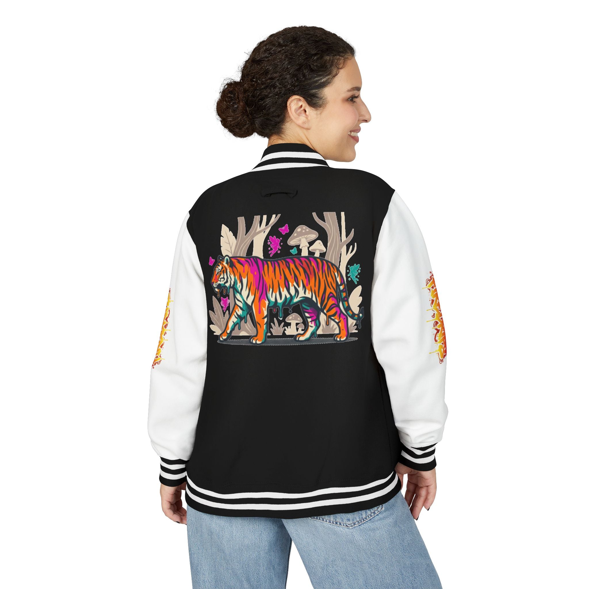 FireDrips Ember Tiger Letterman Jacket — Heavyweight Varsity Jacket, Tiger & Flame Art, 11 Colors, Sizes S–3XL
