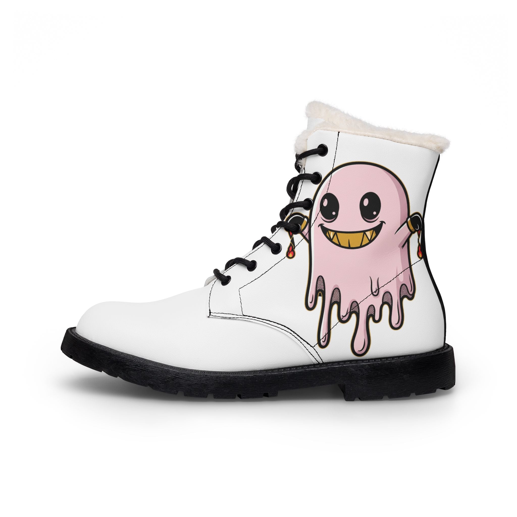 Women's Fur-Lined Leather Boots — Cute Pink Drip Monster Design