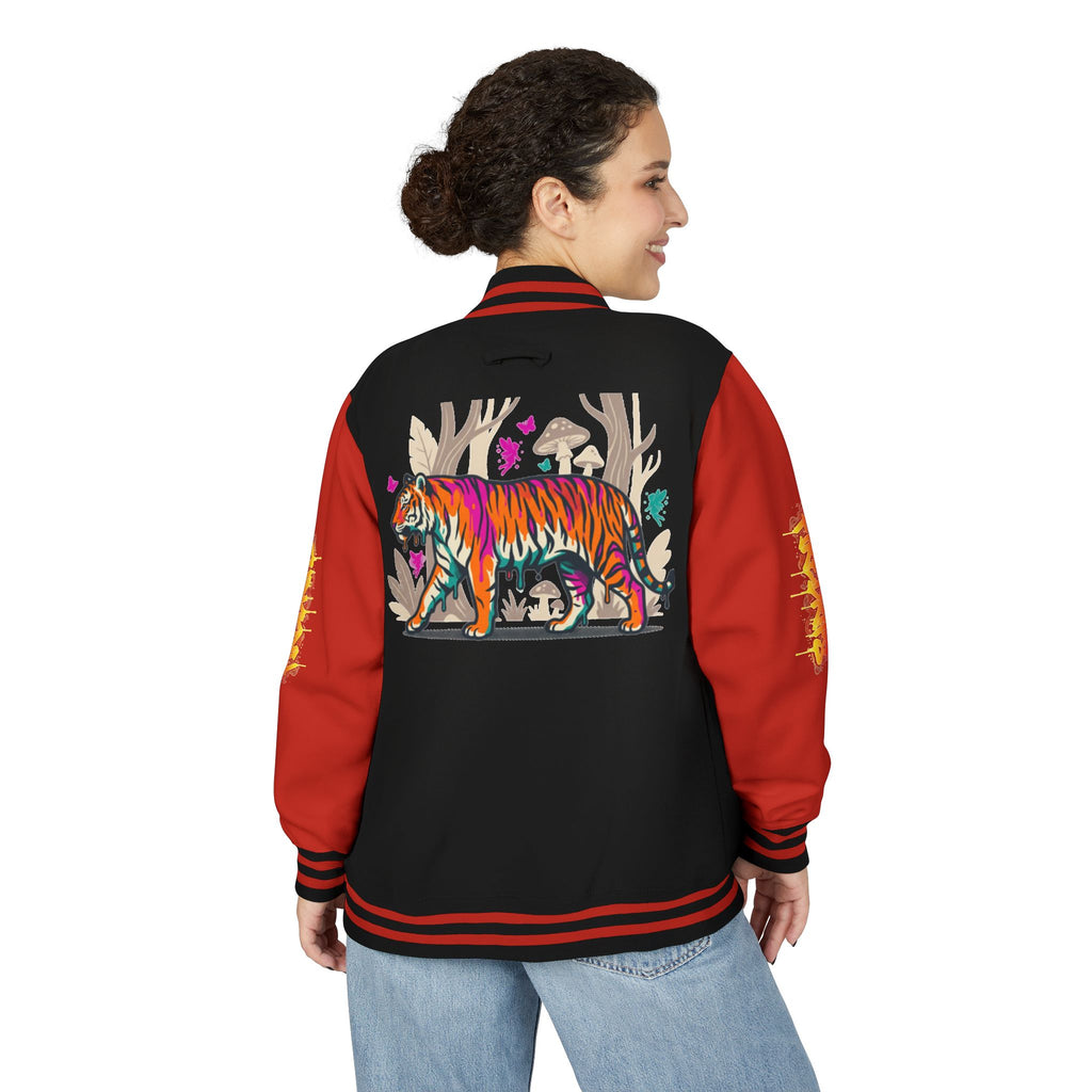 FireDrips Ember Tiger Letterman Jacket — Heavyweight Varsity Jacket, Tiger & Flame Art, 11 Colors, Sizes S–3XL