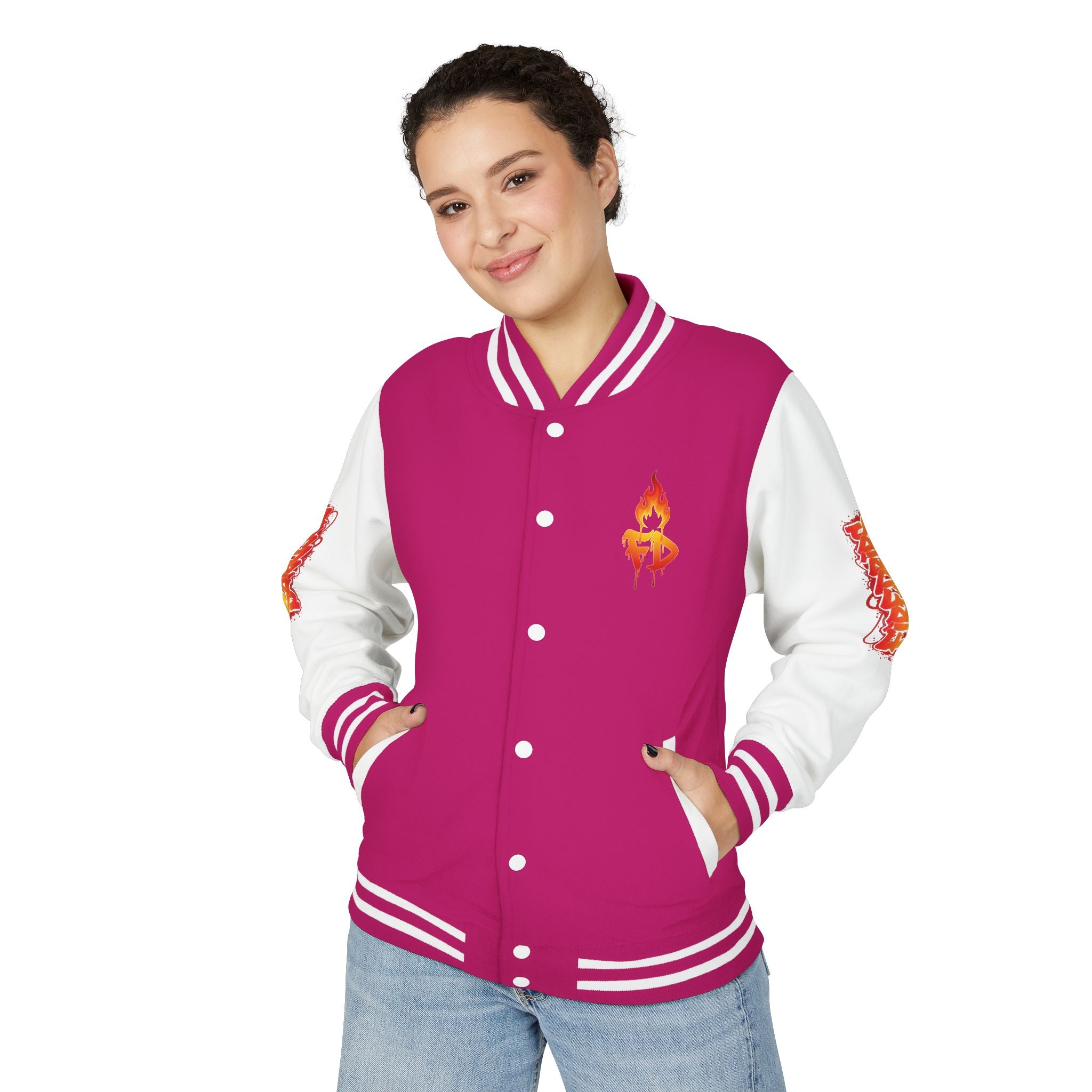 FireDrips Ember Tiger Letterman Jacket — Heavyweight Varsity Jacket, Tiger & Flame Art, 11 Colors, Sizes S–3XL