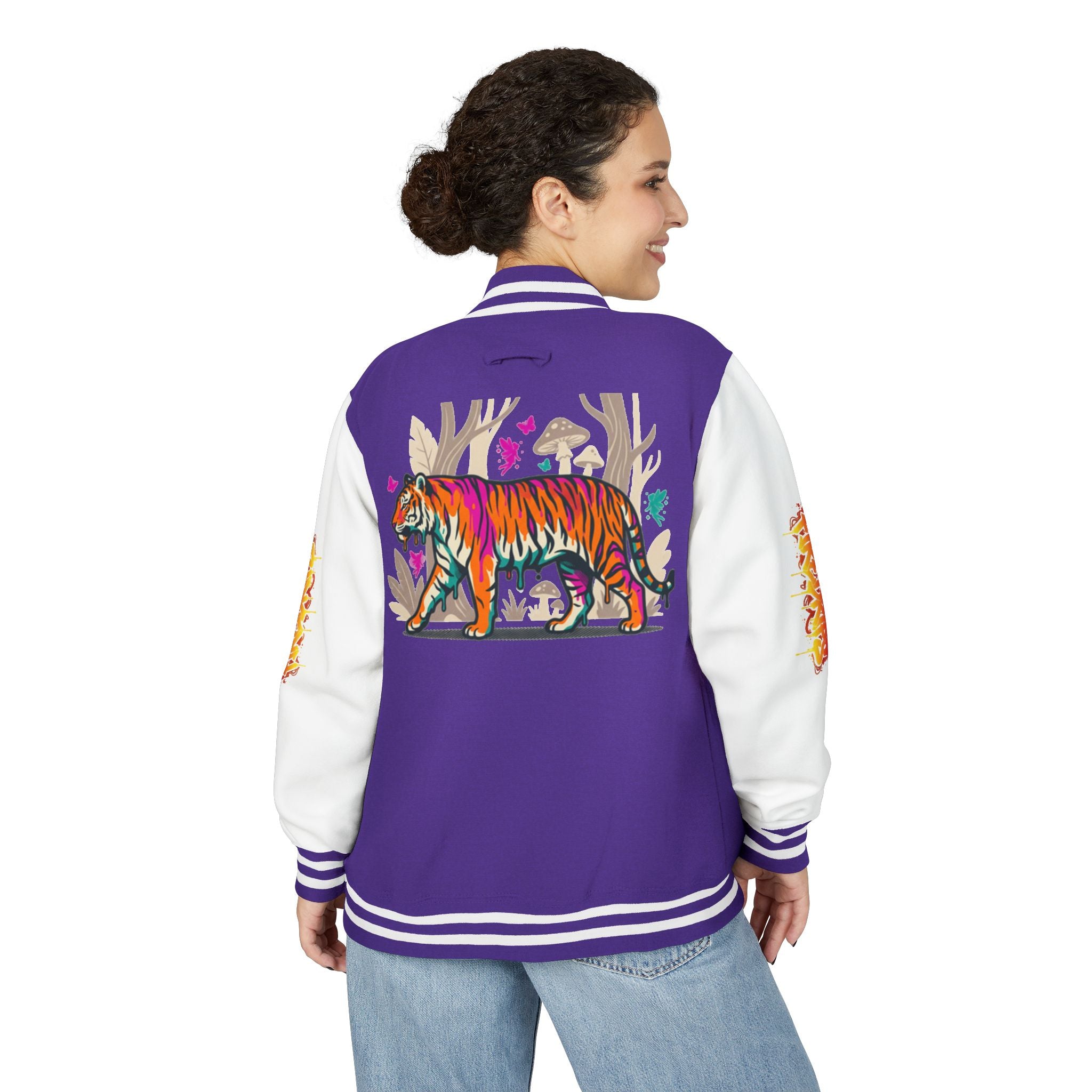FireDrips Ember Tiger Letterman Jacket — Heavyweight Varsity Jacket, Tiger & Flame Art, 11 Colors, Sizes S–3XL