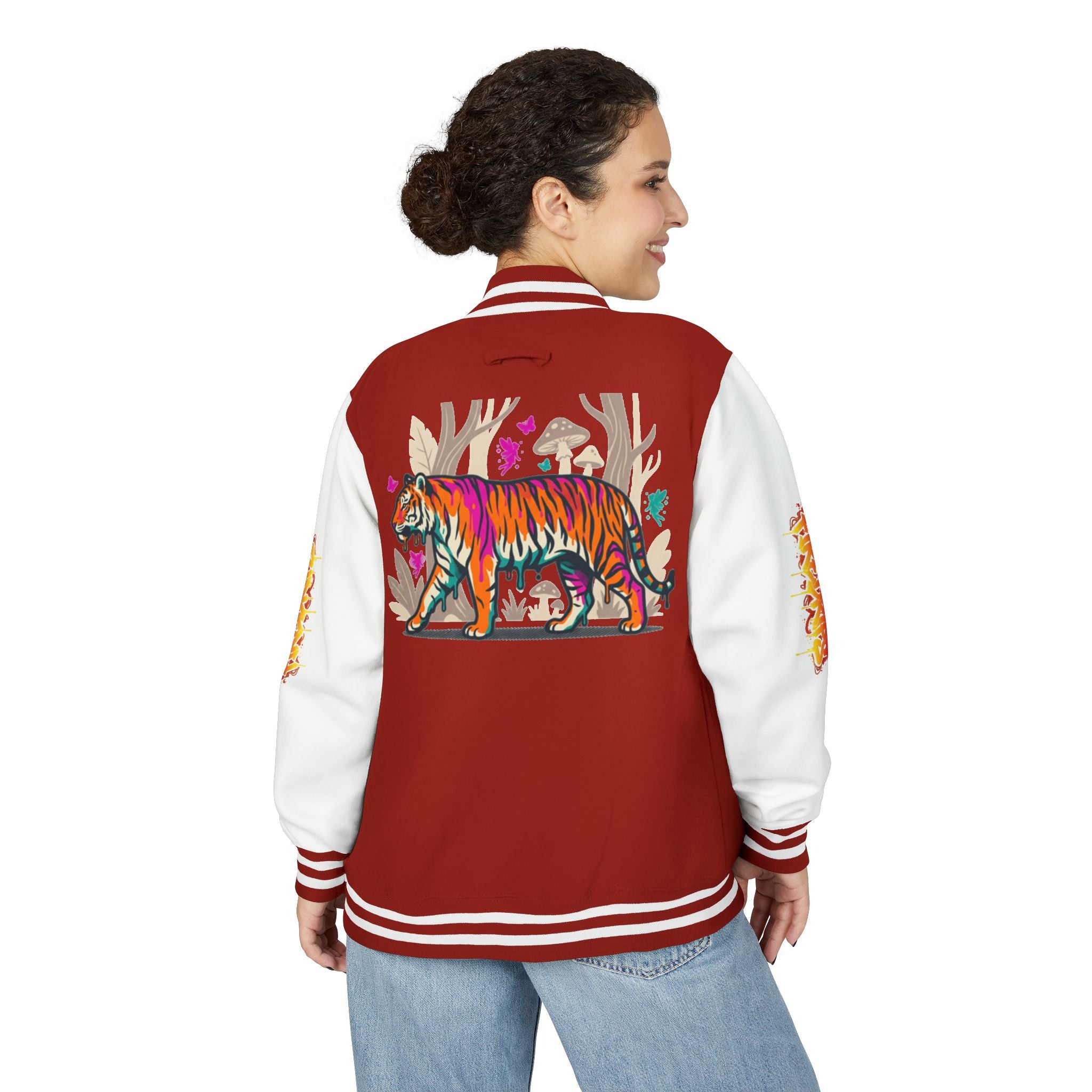 FireDrips Ember Tiger Letterman Jacket — Heavyweight Varsity Jacket, Tiger & Flame Art, 11 Colors, Sizes S–3XL