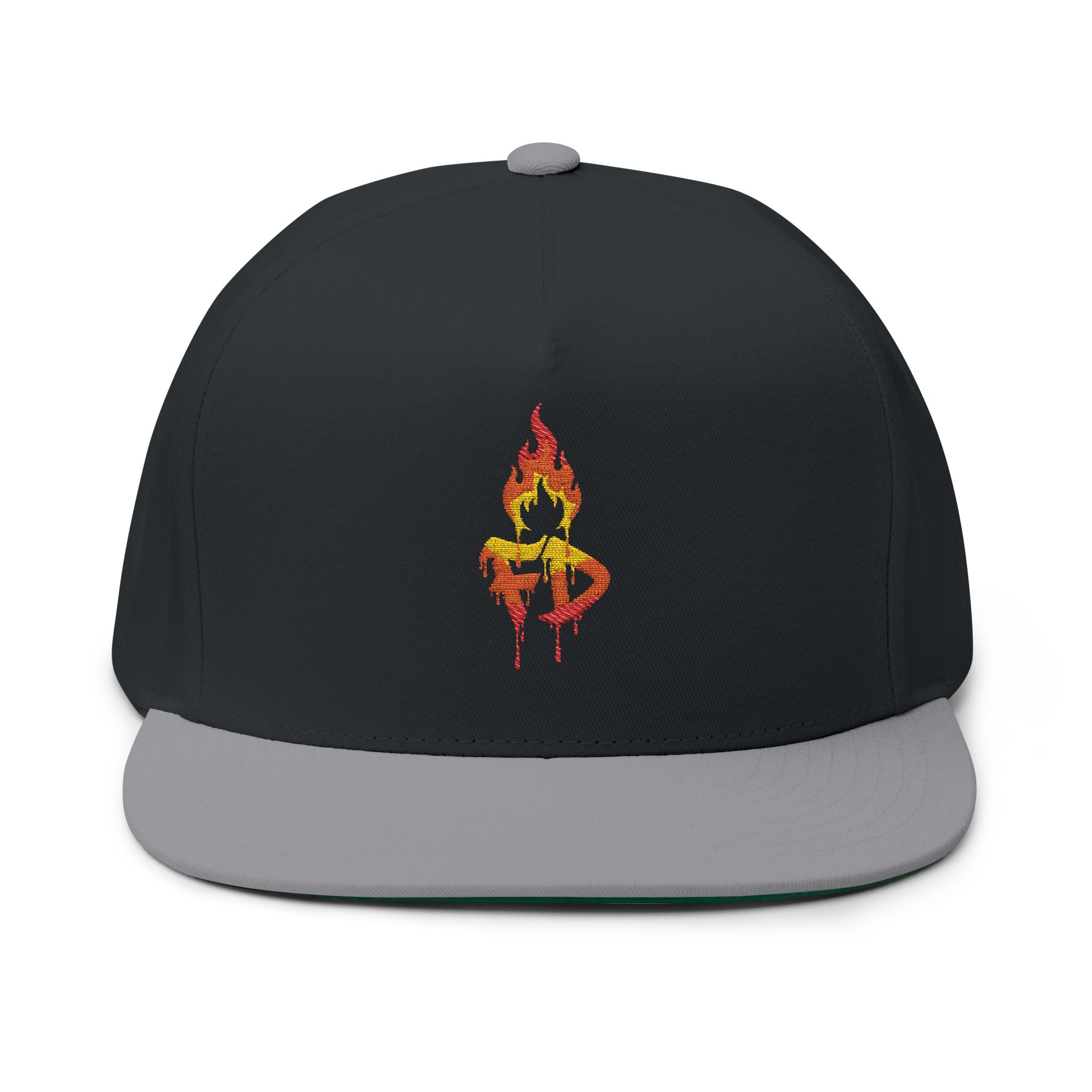 Flame FD Embroidered Flat Bill Snapback Cap — 100% Cotton Twill, Green Undervisor, 6 Colors | FireDrips