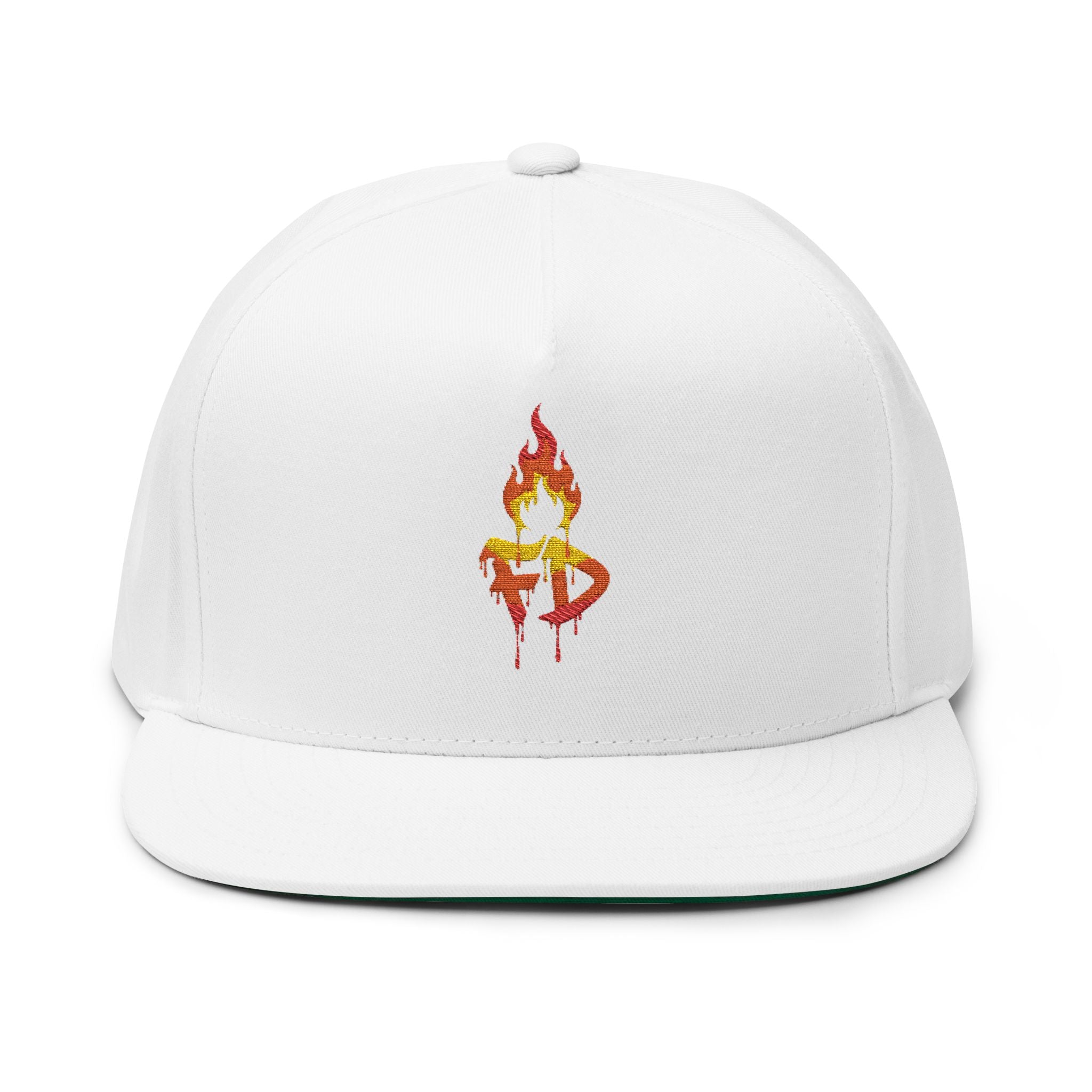 Flame FD Embroidered Flat Bill Snapback Cap — 100% Cotton Twill, Green Undervisor, 6 Colors | FireDrips