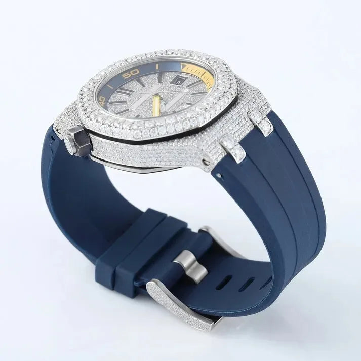 Blue Frost — Moissanite Round Cut Iced Out Watch, Bold Blue Strap, Luxury Streetwear Timepiece