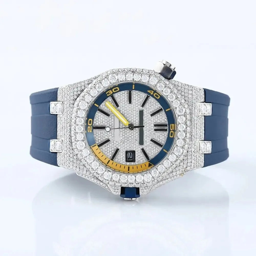 Blue Frost — Moissanite Round Cut Iced Out Watch, Bold Blue Strap, Luxury Streetwear Timepiece