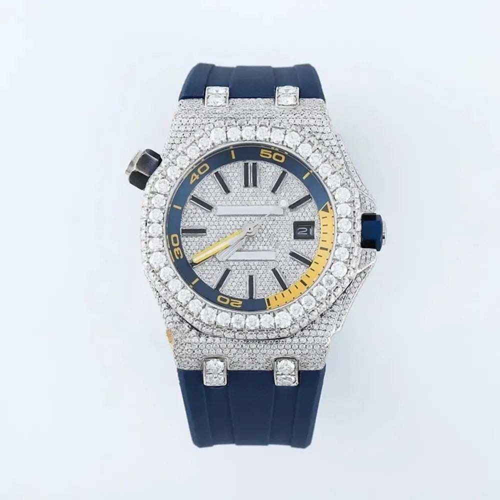 Blue Frost — Moissanite Round Cut Iced Out Watch, Bold Blue Strap, Luxury Streetwear Timepiece