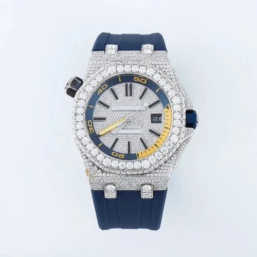 Blue Frost — Moissanite Round Cut Iced Out Watch, Bold Blue Strap, Luxury Streetwear Timepiece