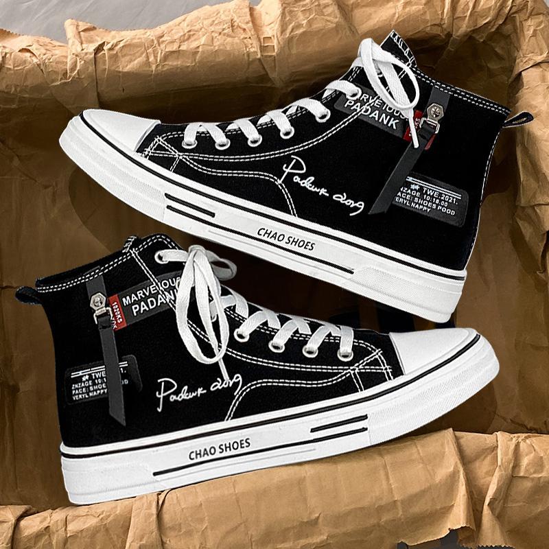 Men's High-Top Canvas Sneakers — Korean Street Style Board Shoes, Black White Blue, Sizes 39–44