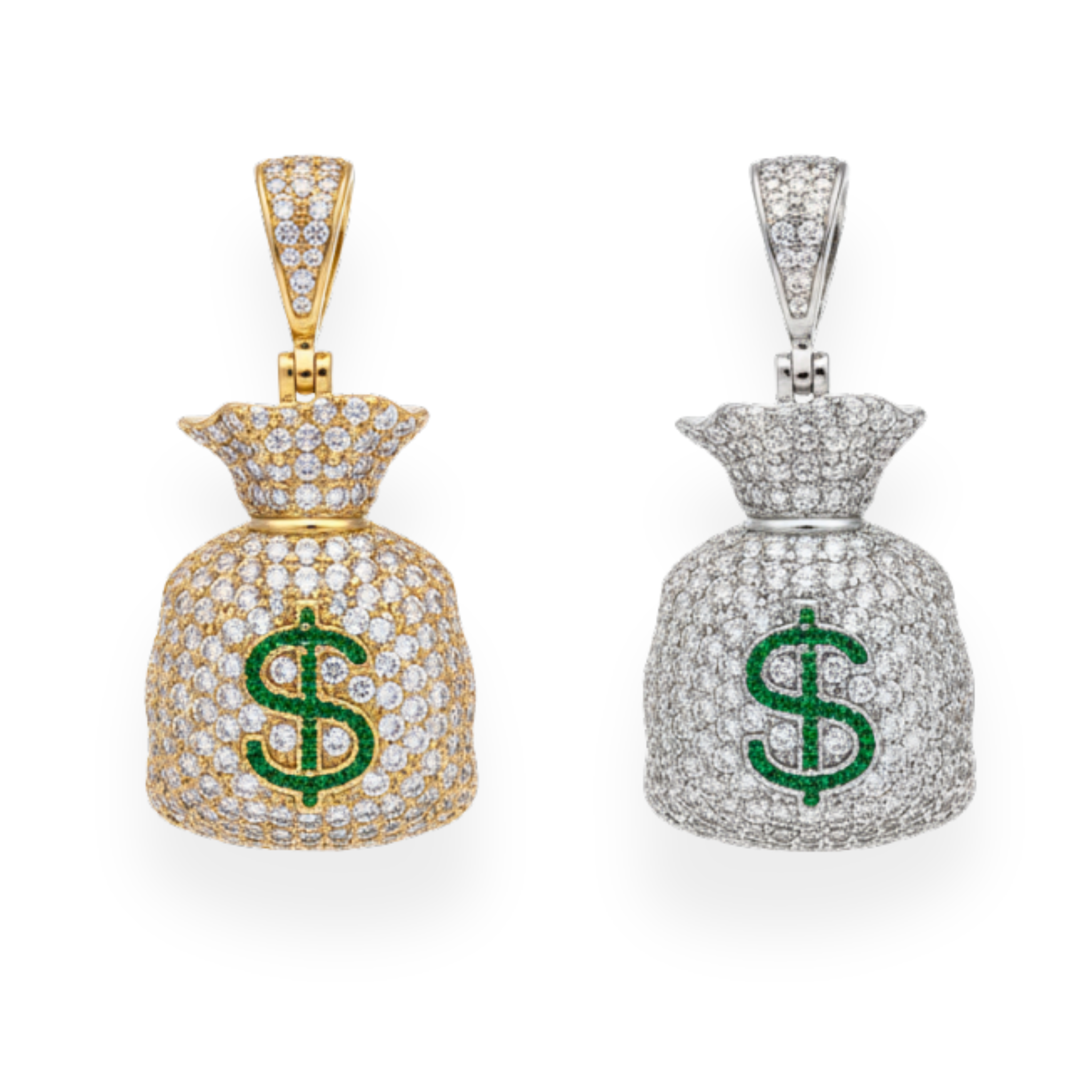 Gold-Plated Money Bag Dollar Sign CZ Iced Pendant in 925 Silver