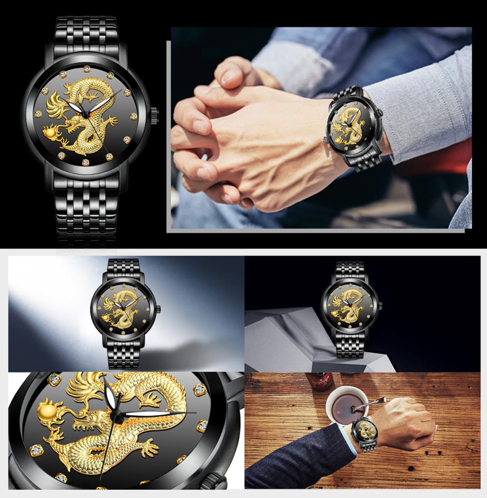 BIDEN Dragon Quartz Watch for Men — Gold Chain Japan Movement, Gold & Black | FireDrips
