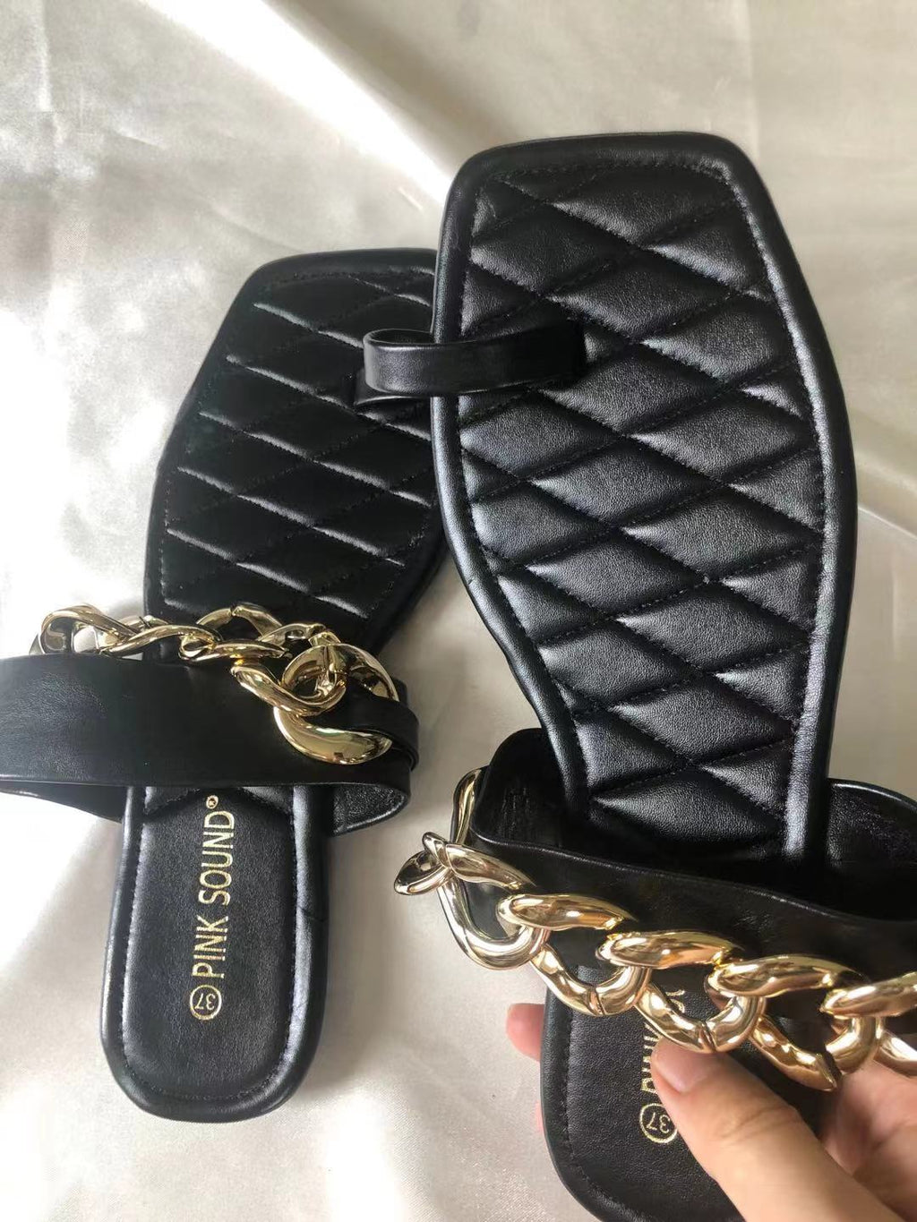 Chain Open-Toe Flat Sandals – Leather Slip-On Summer Slides