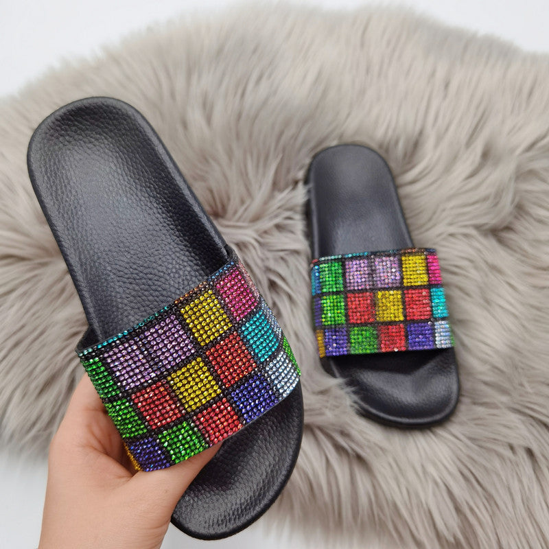 Diamond Strap Flat Slide Sandals – Beach Rhinestone Slides