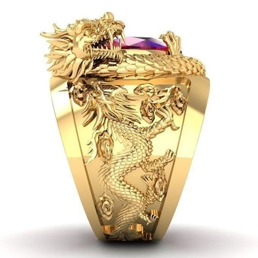 Men's Gold Dragon Ring – Oval Red Stone Statement Ring