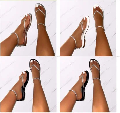 Rhinestone Cross Strap Flat Sandals – Wide Fit EU 35–43