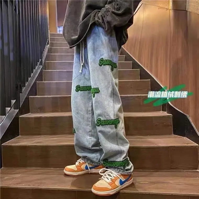 Men's Oversized Baggy Denim Jeans – Embroidered Loose Streetwear