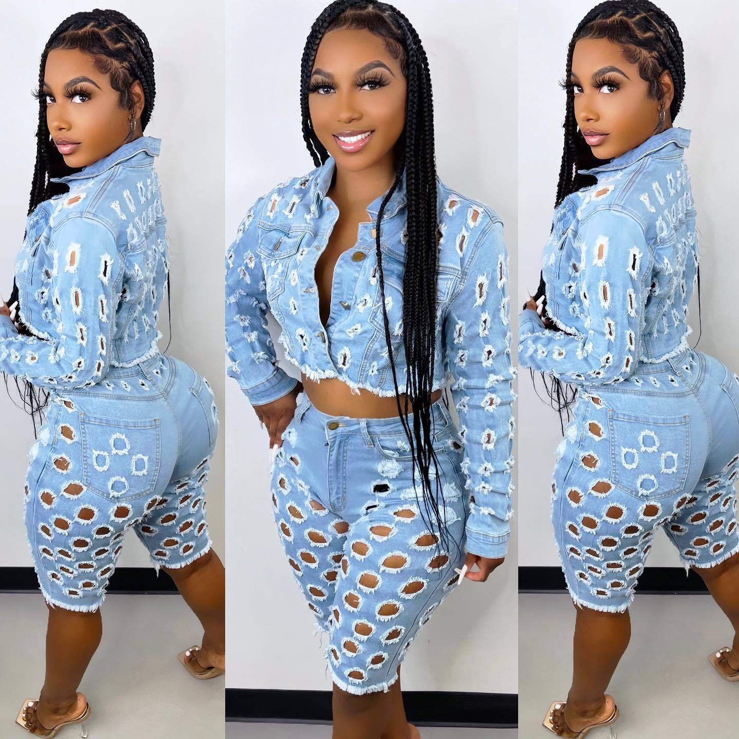Women's Denim Two-Piece Set – Ripped Jean Jacket & Shorts Outfit
